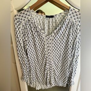 Max Jeans Geometric Stretch White Blue Print  Long Sleeve Blouse Women Small